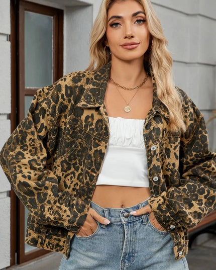 Leopard Print Button Up Denim Jacket - Trendsi