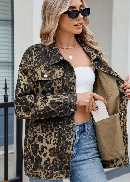 Leopard Print Oversized Denim Jacket - Trendsi