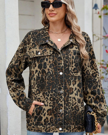 Leopard Print Oversized Denim Jacket - Trendsi