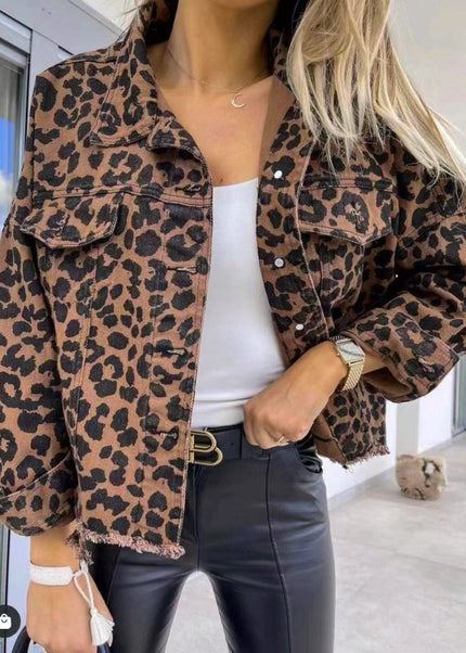 Leopard Raw Hem Denim Jacket - Trendsi