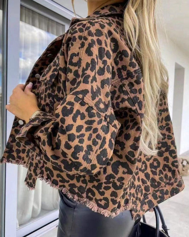 Leopard Raw Hem Denim Jacket - Trendsi