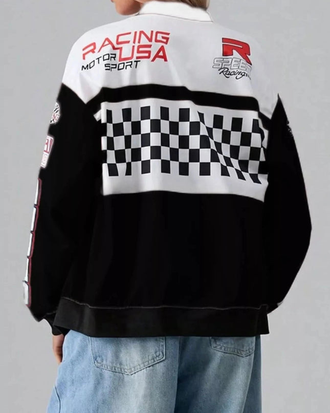 Letter Zip Up Dropped Shoulder Jacket - Trendsi