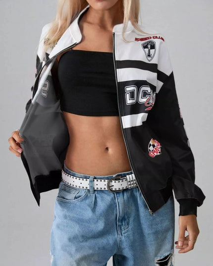 Letter Zip Up Dropped Shoulder Jacket - Trendsi