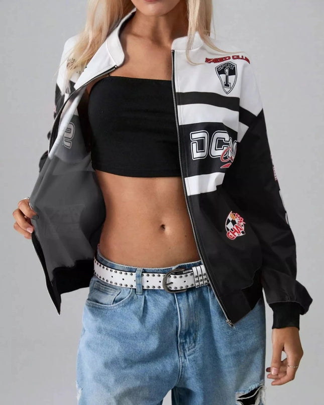 Letter Zip Up Dropped Shoulder Jacket - Trendsi