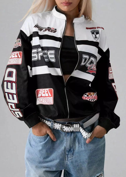 Letter Zip Up Dropped Shoulder Jacket - Trendsi