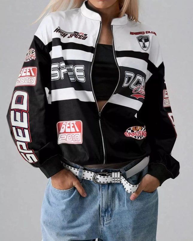 Letter Zip Up Dropped Shoulder Jacket - Trendsi