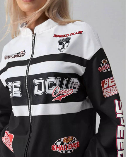 Letter Zip Up Dropped Shoulder Jacket - Trendsi