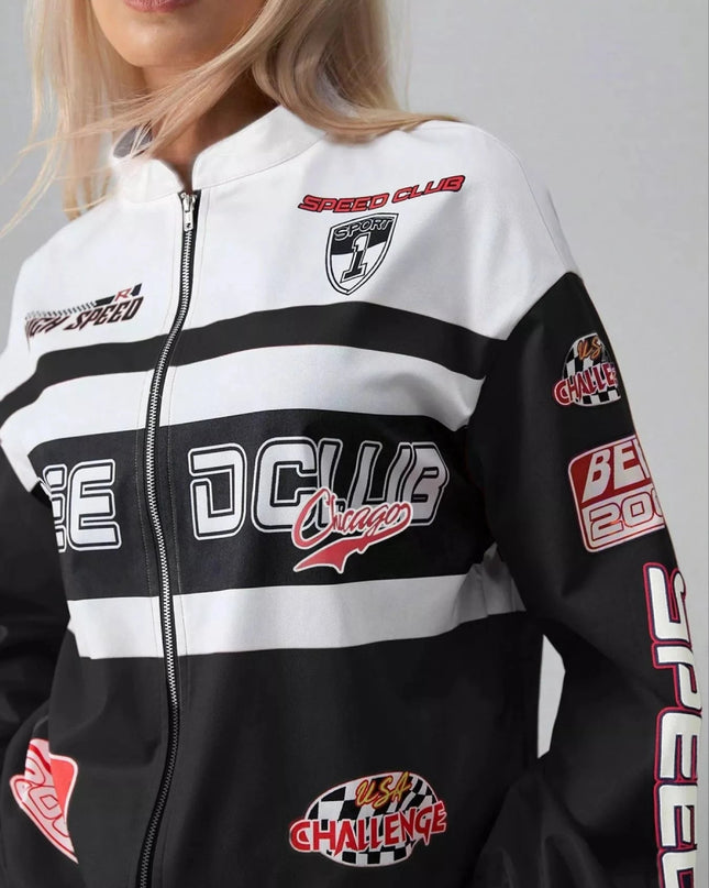 Letter Zip Up Dropped Shoulder Jacket - Trendsi