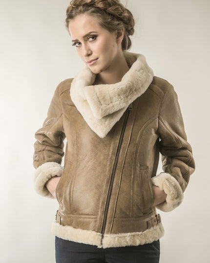 Light Brown Shearling Leather Biker Jacket with Merino Fur - Leather Jackets - Buy Me Fur Ltd