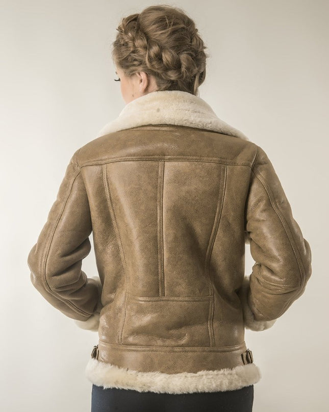 Light Brown Shearling Leather Biker Jacket with Merino Fur - Leather Jackets - Buy Me Fur Ltd