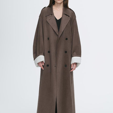"Line Walker" matte micro - velvet drape classic elegant double - breasted straight long trench coat - outerwear - Firelady Fur