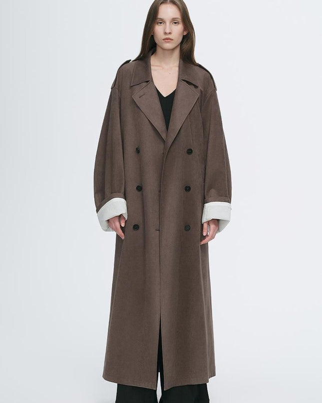 "Line Walker" matte micro - velvet drape classic elegant double - breasted straight long trench coat - outerwear - Firelady Fur
