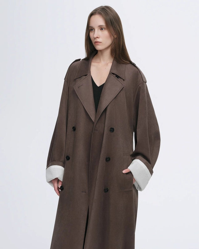 "Line Walker" matte micro - velvet drape classic elegant double - breasted straight long trench coat - outerwear - Firelady Fur
