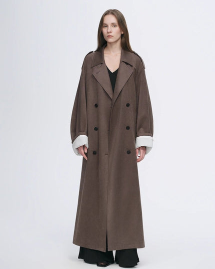 "Line Walker" matte micro - velvet drape classic elegant double - breasted straight long trench coat - outerwear - Firelady Fur