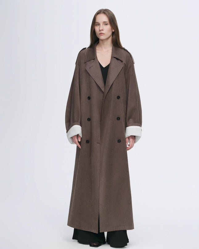 "Line Walker" matte micro - velvet drape classic elegant double - breasted straight long trench coat - outerwear - Firelady Fur