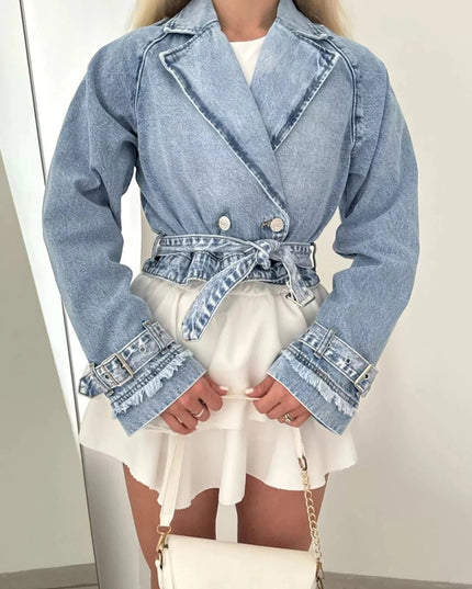 Long Sleeve Crop Denim Jacket - Trendsi