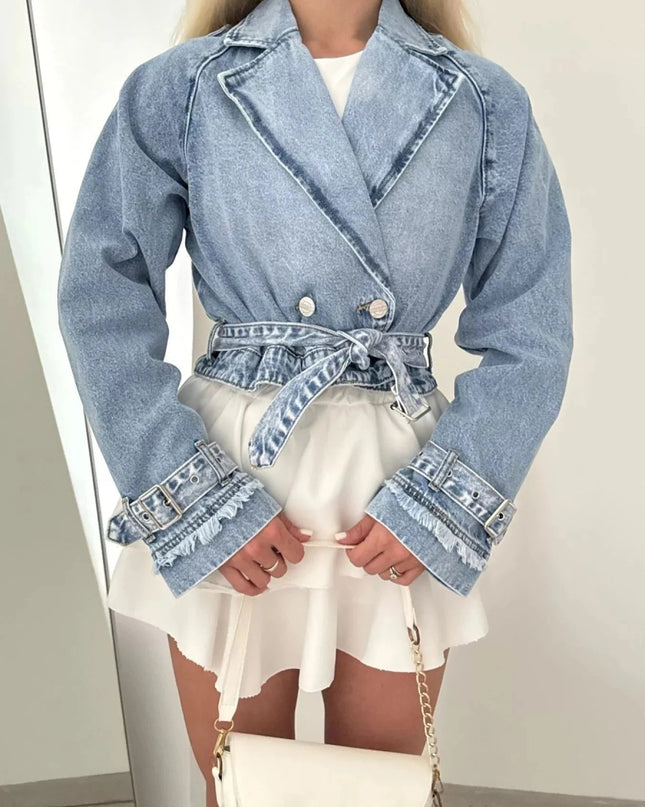 Long Sleeve Crop Denim Jacket - Trendsi