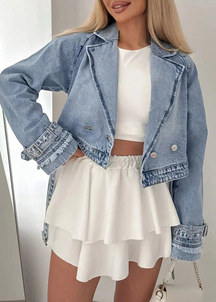 Long Sleeve Crop Denim Jacket - Trendsi