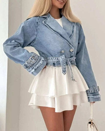 Long Sleeve Crop Denim Jacket - Trendsi