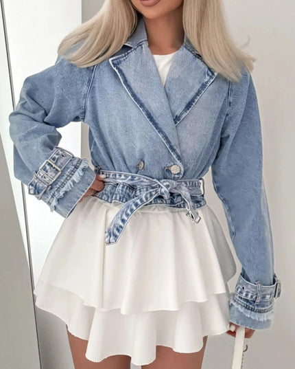 Long Sleeve Crop Denim Jacket - Trendsi