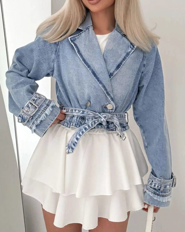 Long Sleeve Crop Denim Jacket - Trendsi
