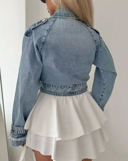 Long Sleeve Crop Denim Jacket - Trendsi