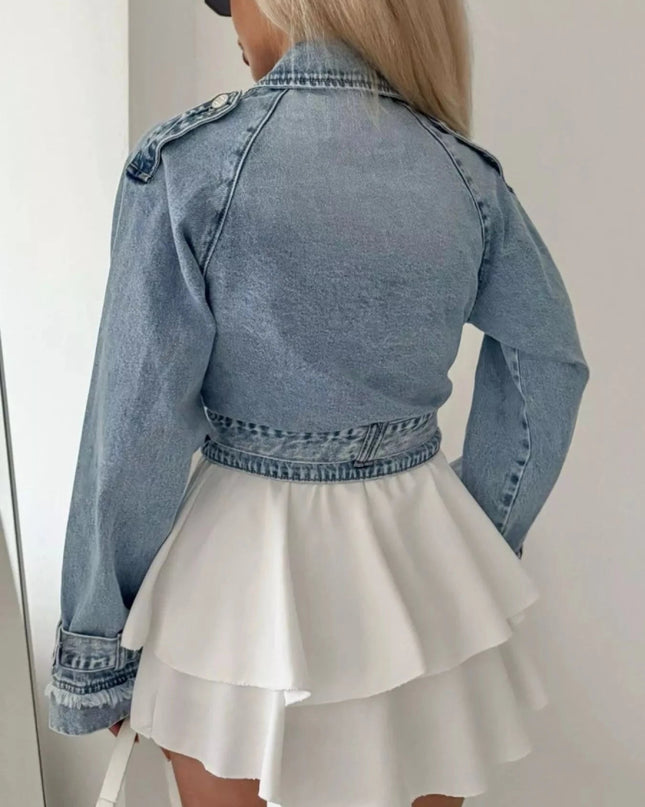 Long Sleeve Crop Denim Jacket - Trendsi