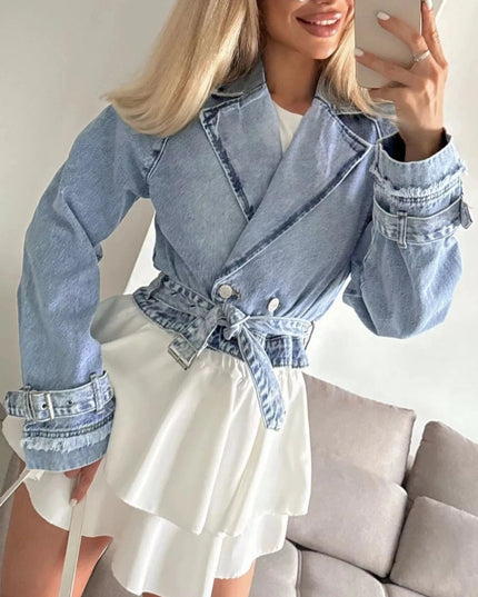 Long Sleeve Crop Denim Jacket - Trendsi