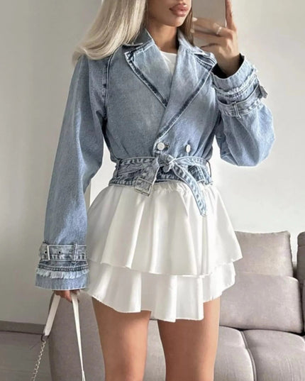 Long Sleeve Crop Denim Jacket - Trendsi