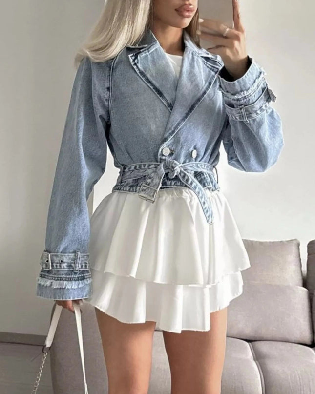 Long Sleeve Crop Denim Jacket - Trendsi