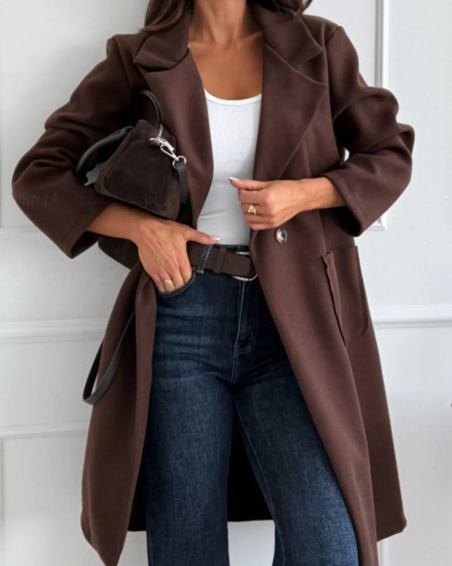 Long - Sleeve Single - Breasted Trench Coat - Trendsi
