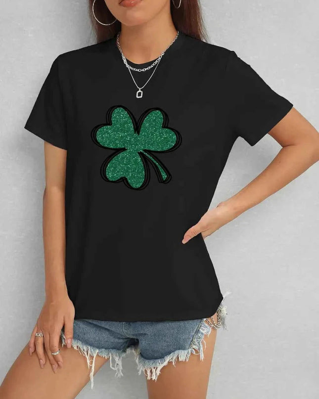 Lucky Clover Round Neck T-Shirt - Trendsi