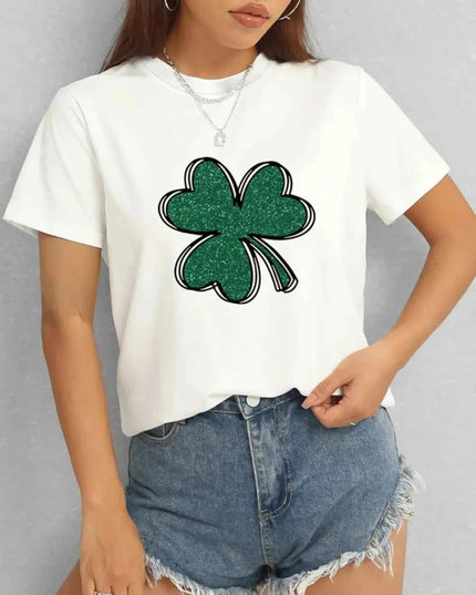 Lucky Clover Round Neck T-Shirt - Trendsi