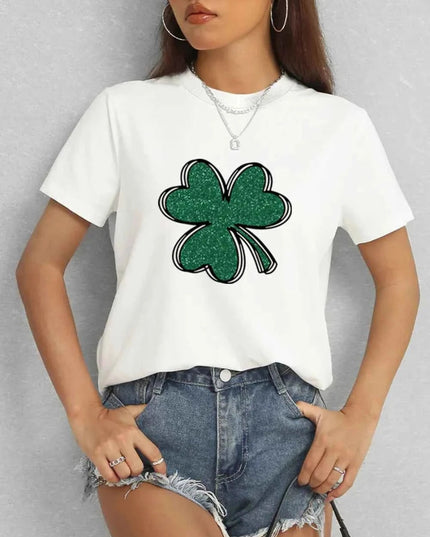 Lucky Clover Round Neck T-Shirt - Trendsi