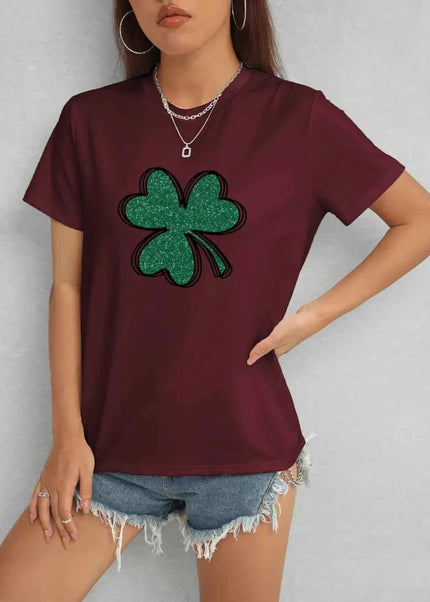 Lucky Clover Round Neck T-Shirt - Trendsi