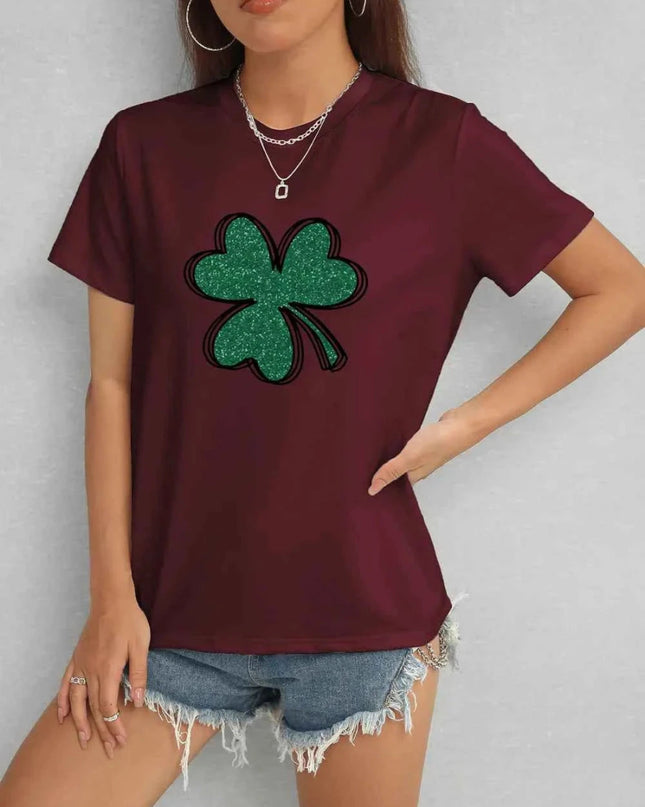 Lucky Clover Round Neck T-Shirt - Trendsi