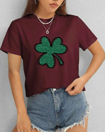 Lucky Clover Round Neck T-Shirt - Trendsi