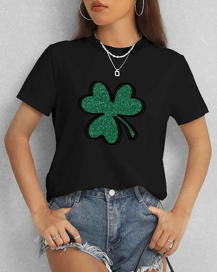 Lucky Clover Round Neck T-Shirt - Trendsi