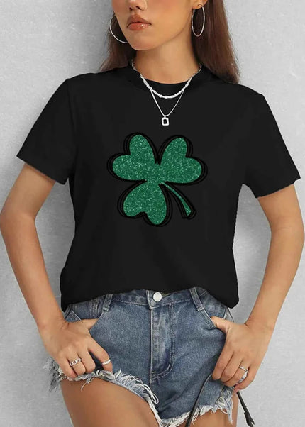 Lucky Clover Round Neck T-Shirt - Trendsi