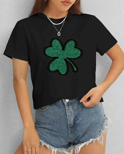 Lucky Clover Round Neck T-Shirt - Trendsi