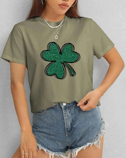 Lucky Clover Round Neck T-Shirt - Trendsi