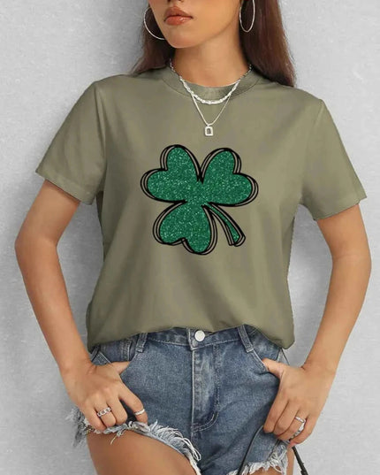 Lucky Clover Round Neck T-Shirt - Trendsi