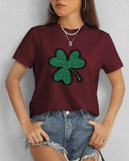Lucky Clover Round Neck T-Shirt - Trendsi
