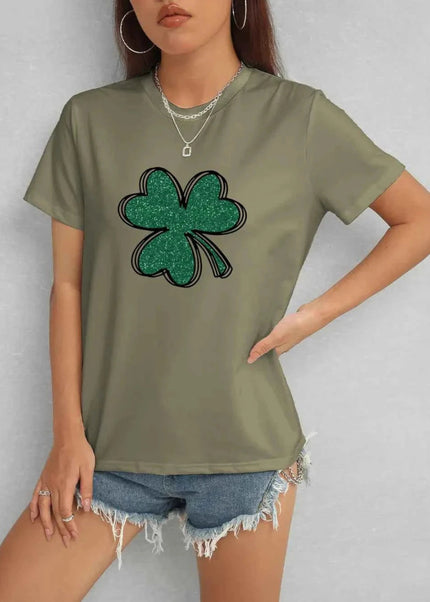 Lucky Clover Round Neck T-Shirt - Trendsi