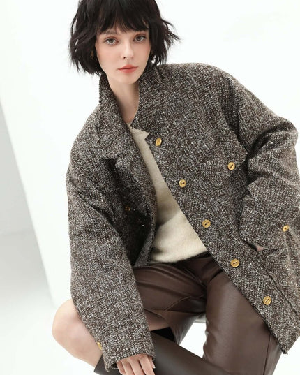 Luxurious Mocha Wool Coat – Sequin - Knit Elegant Outerwear - Coats - Cocobella
