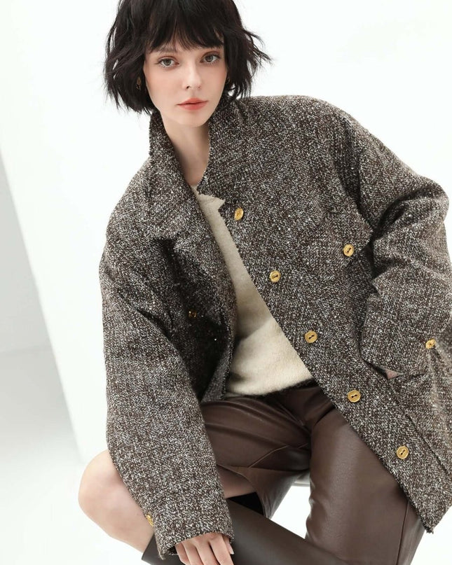 Luxurious Mocha Wool Coat – Sequin - Knit Elegant Outerwear - Coats - Cocobella