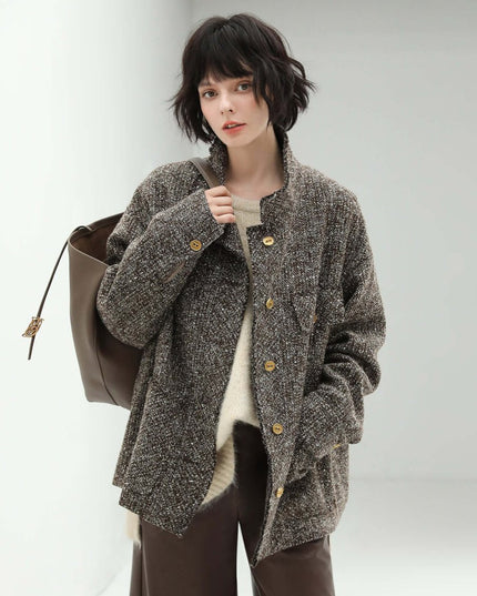 Luxurious Mocha Wool Coat – Sequin - Knit Elegant Outerwear - Coats - Cocobella