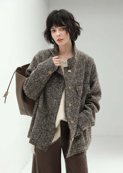 Luxurious Mocha Wool Coat – Sequin - Knit Elegant Outerwear - Coats - Cocobella