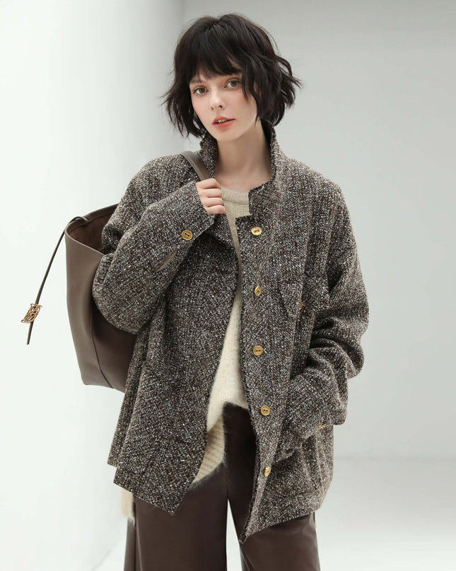 Luxurious Mocha Wool Coat – Sequin - Knit Elegant Outerwear - Coats - Cocobella