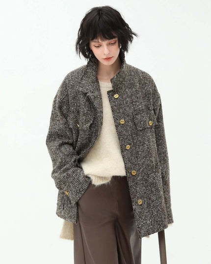 Luxurious Mocha Wool Coat – Sequin - Knit Elegant Outerwear - Coats - Cocobella